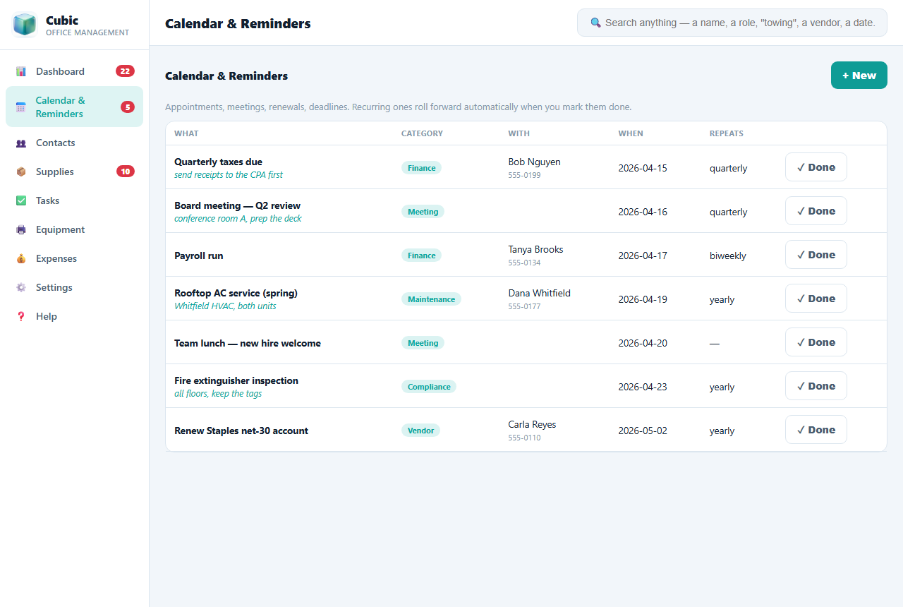 Calendar and recurring reminders