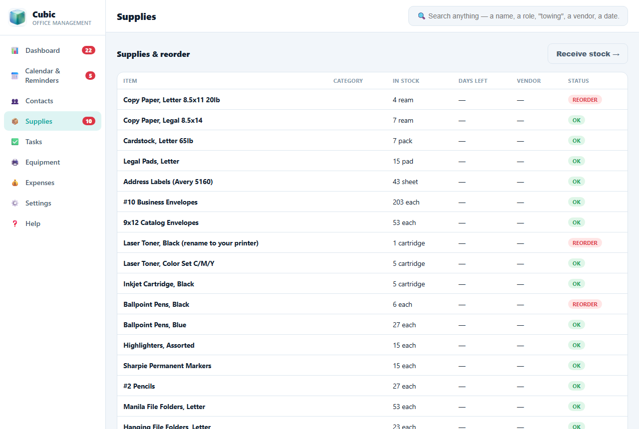 Supplies and reorder alerts