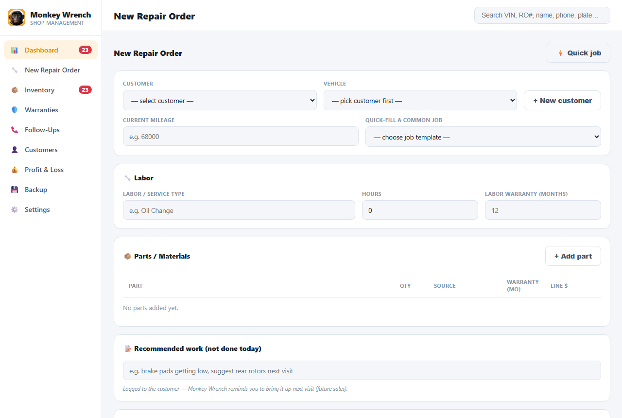 New repair order screen