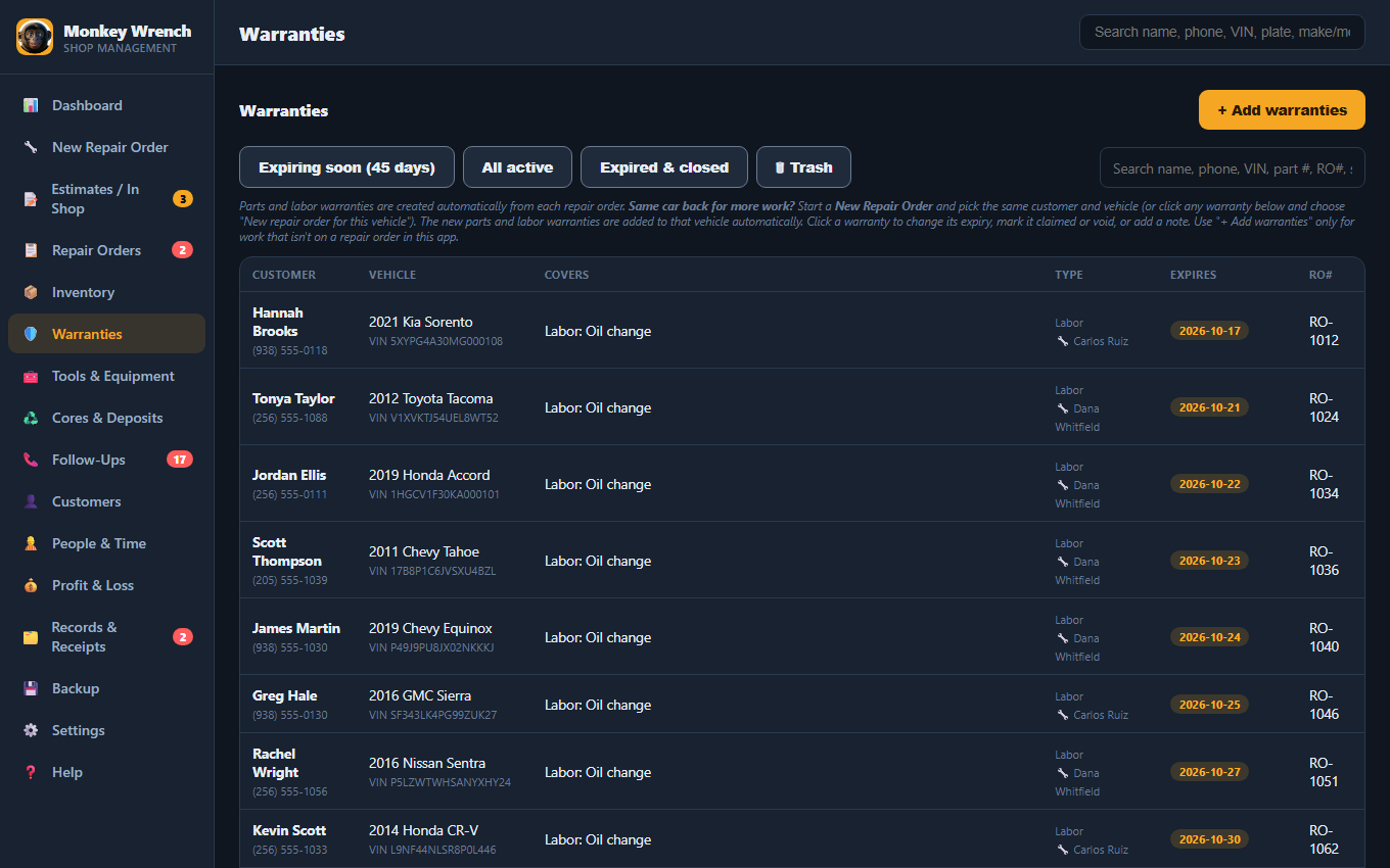 Warranties list