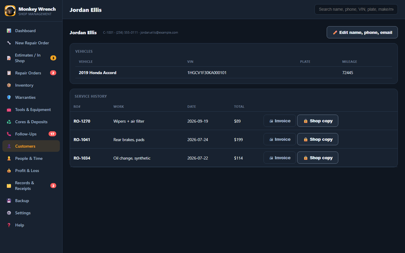 Customer page with vehicles and service history