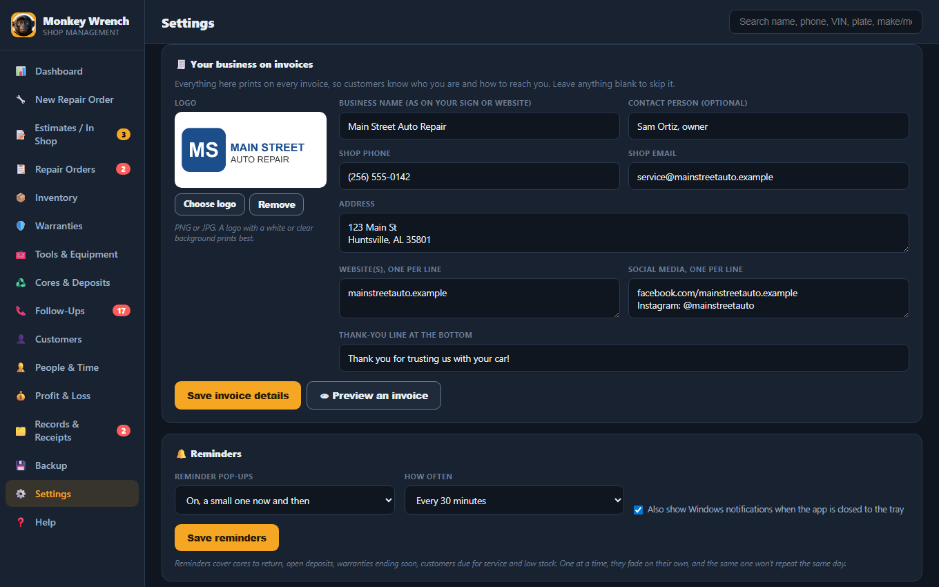 Settings: your business on invoices