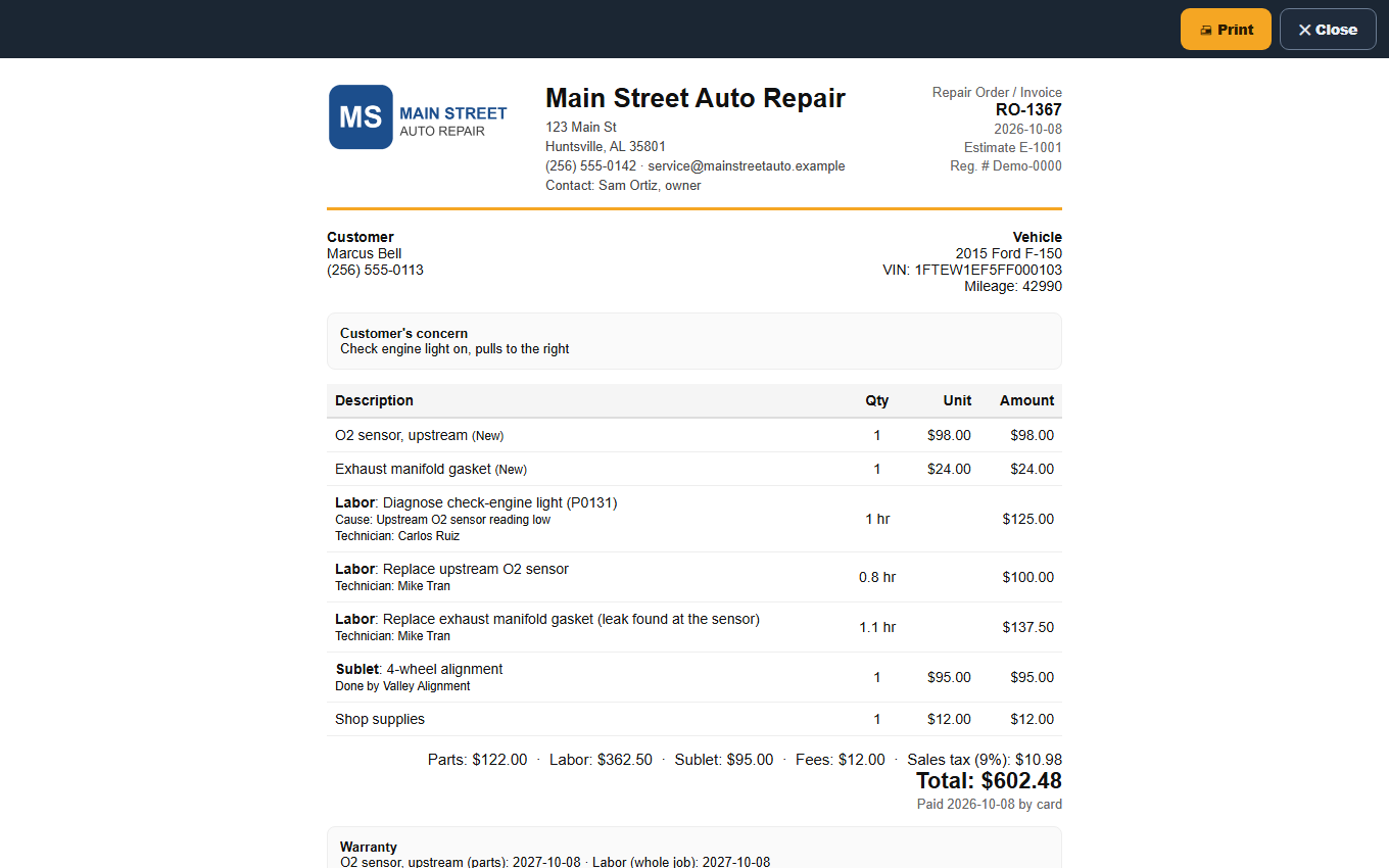 Printed invoice with shop logo, address, contact and links