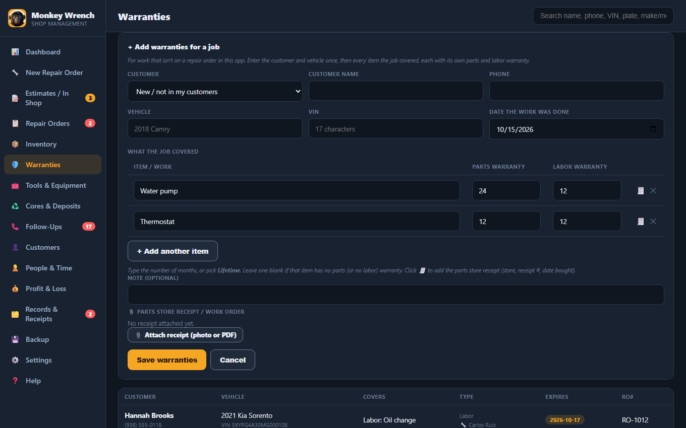 Adding warranties for a job by hand