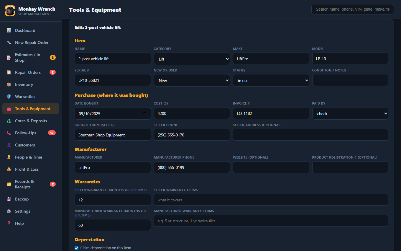 Equipment form