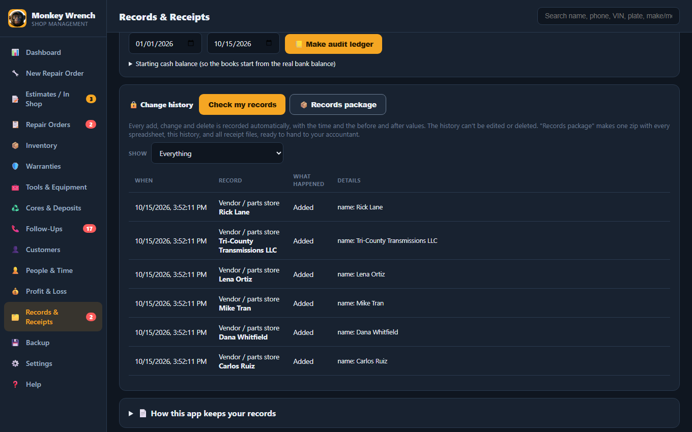 Audit ledger on the Records page