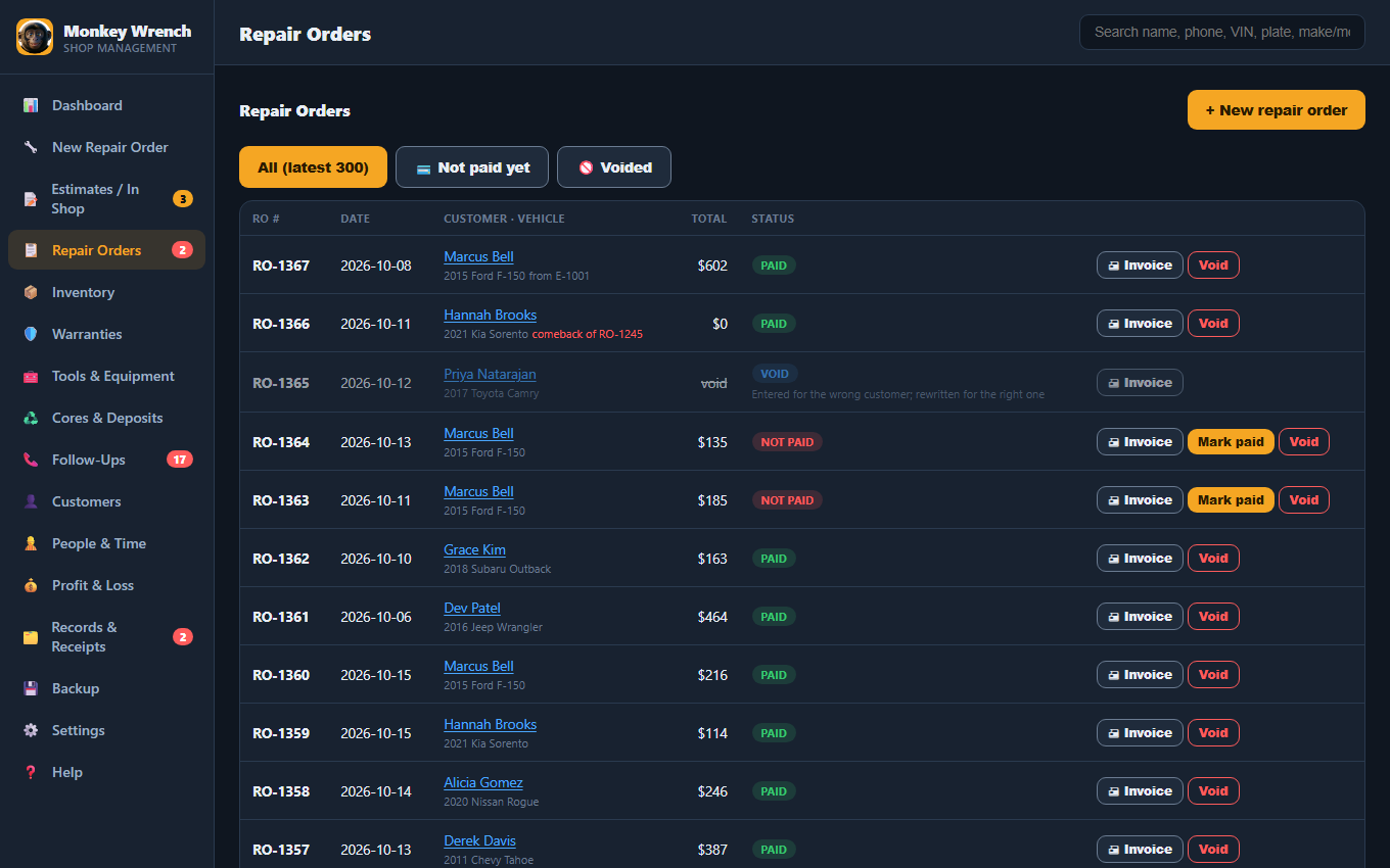 Repair Orders list with paid, not paid and void