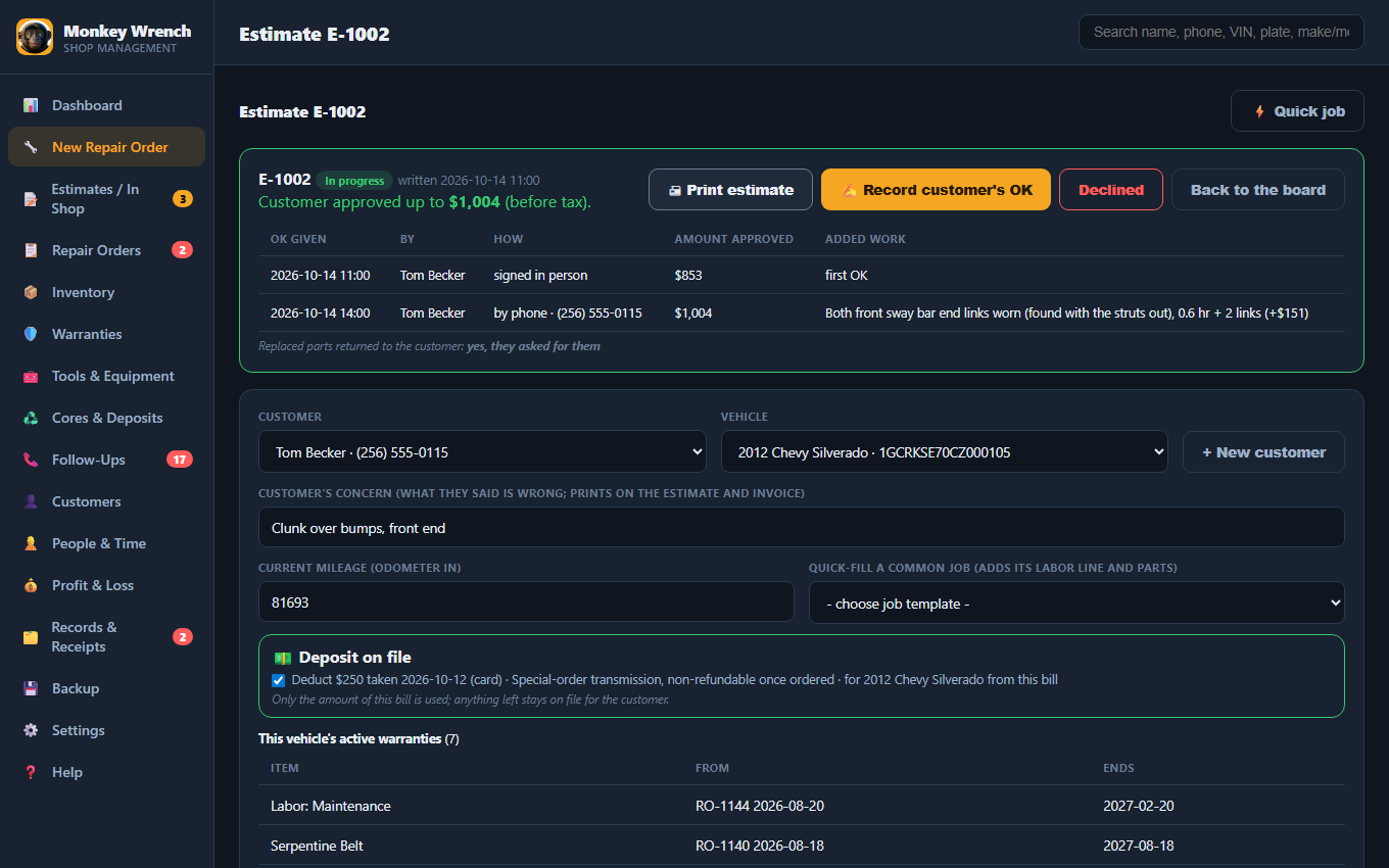 An estimate in progress with the customer signature OK and an added-work OK by phone