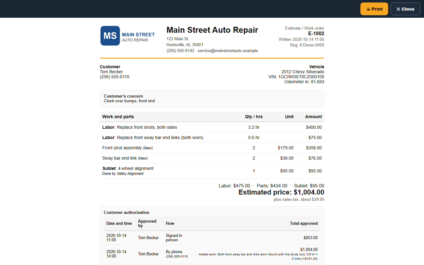 Printed estimate with odometer, parts condition, sublet and signature line