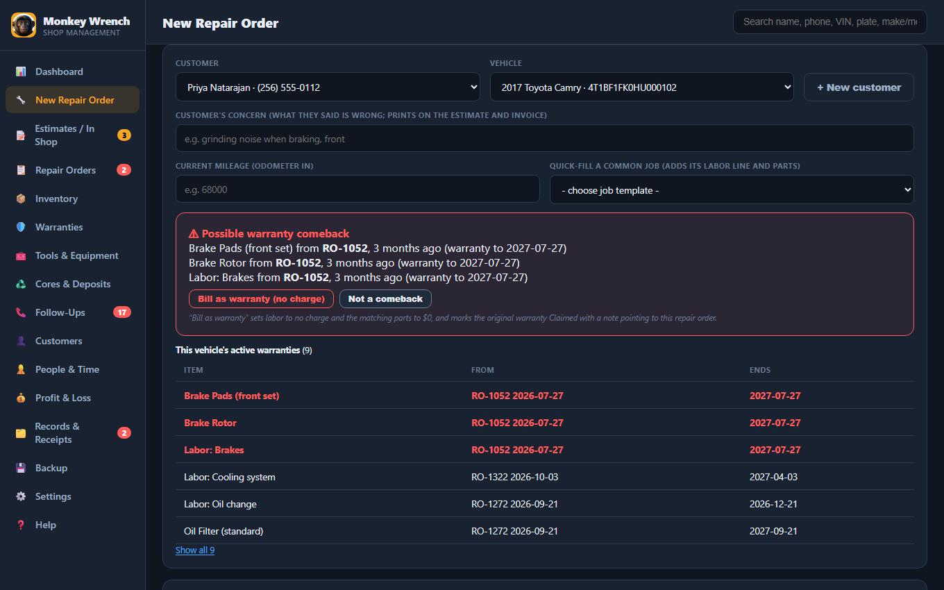 Red warning: possible warranty comeback, front pads from an earlier repair order