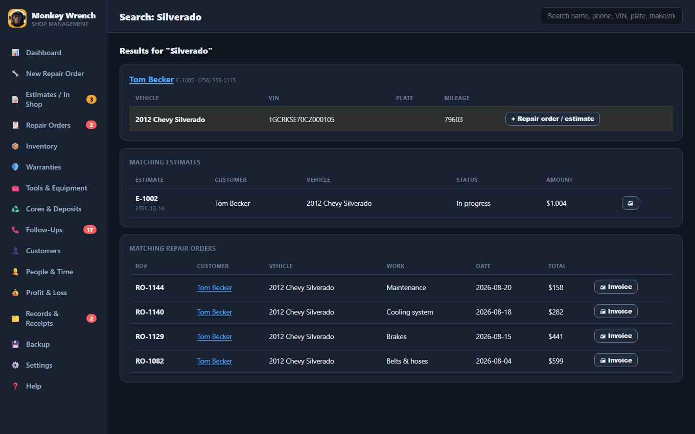 Search results for a car model: the customer, the matching vehicle and its repair orders